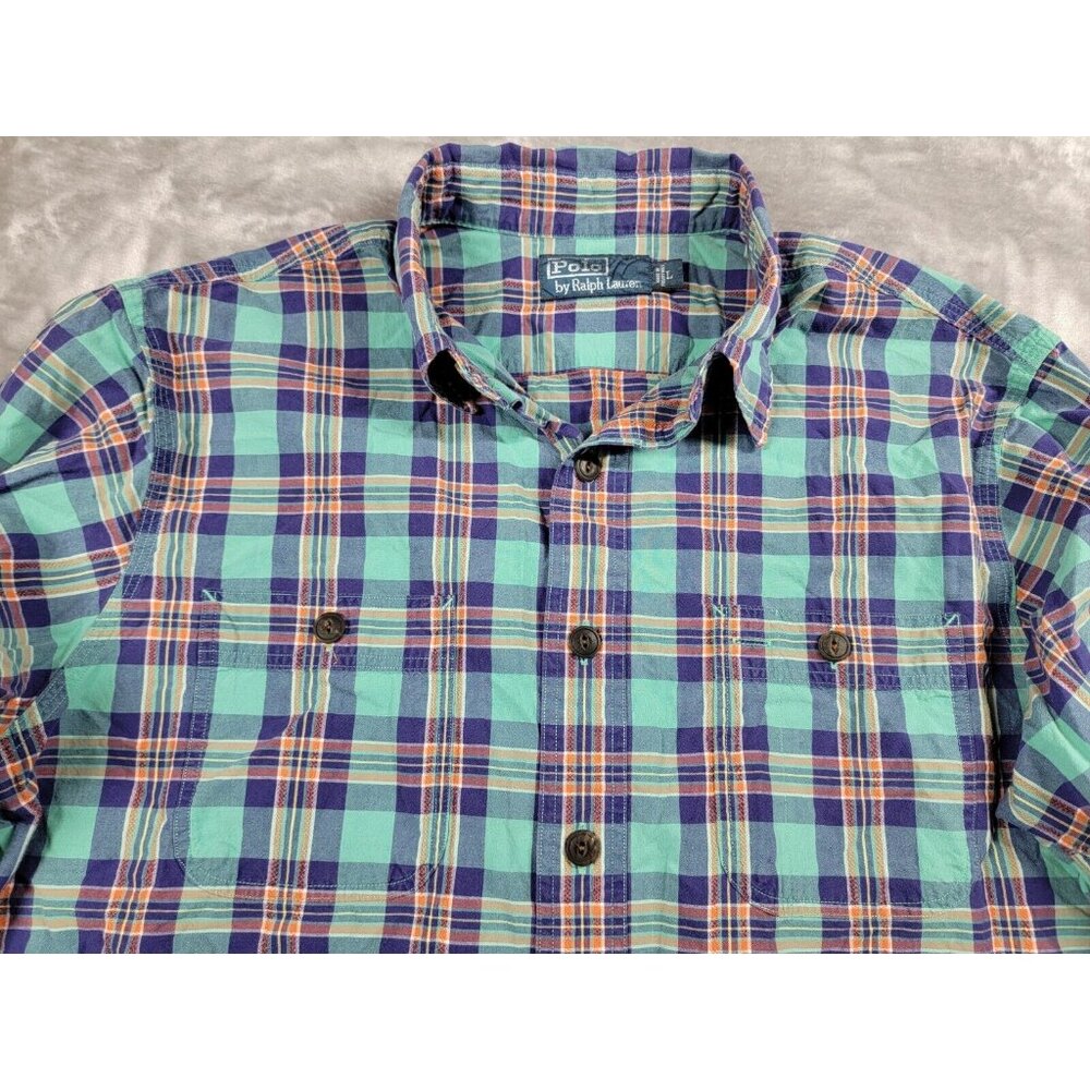Polo Ralph Lauren Button Up Shirt Aqua Orange Plaid Mens Large Preppy Casual